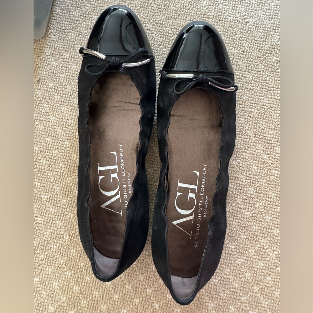 AGL Black Patent Leather Flats with Bow, size 37, worn once